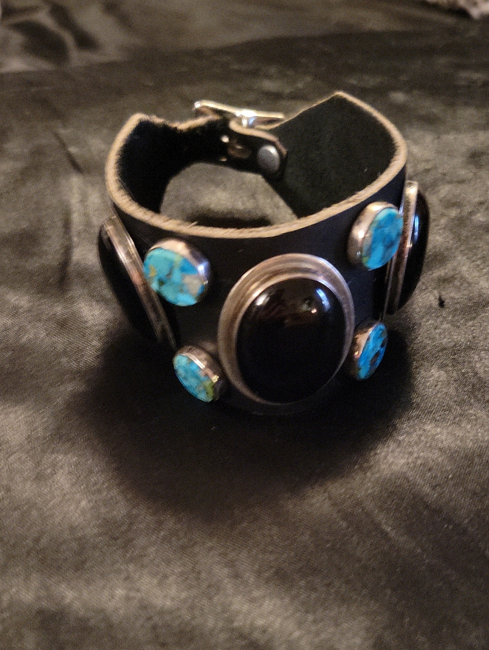 Black Leather Cuff Bracelet with Turquoise and Onyx Stone